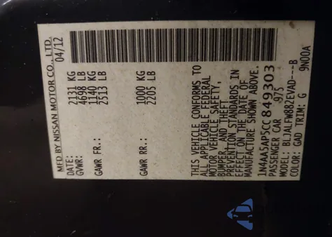 2012 Nissan Maxima 3.5 Sv из США, поврежденный, VIN 1N4AA5AP5CC849303